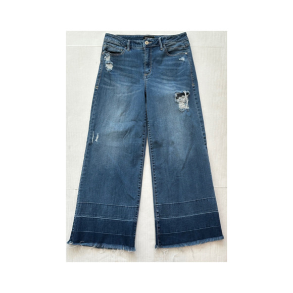 Bebe Jeans Capri Crop Distressed Wide Leg Frayed Hem Dark Denim Blue Women’s 29 - Picture 1 of 7